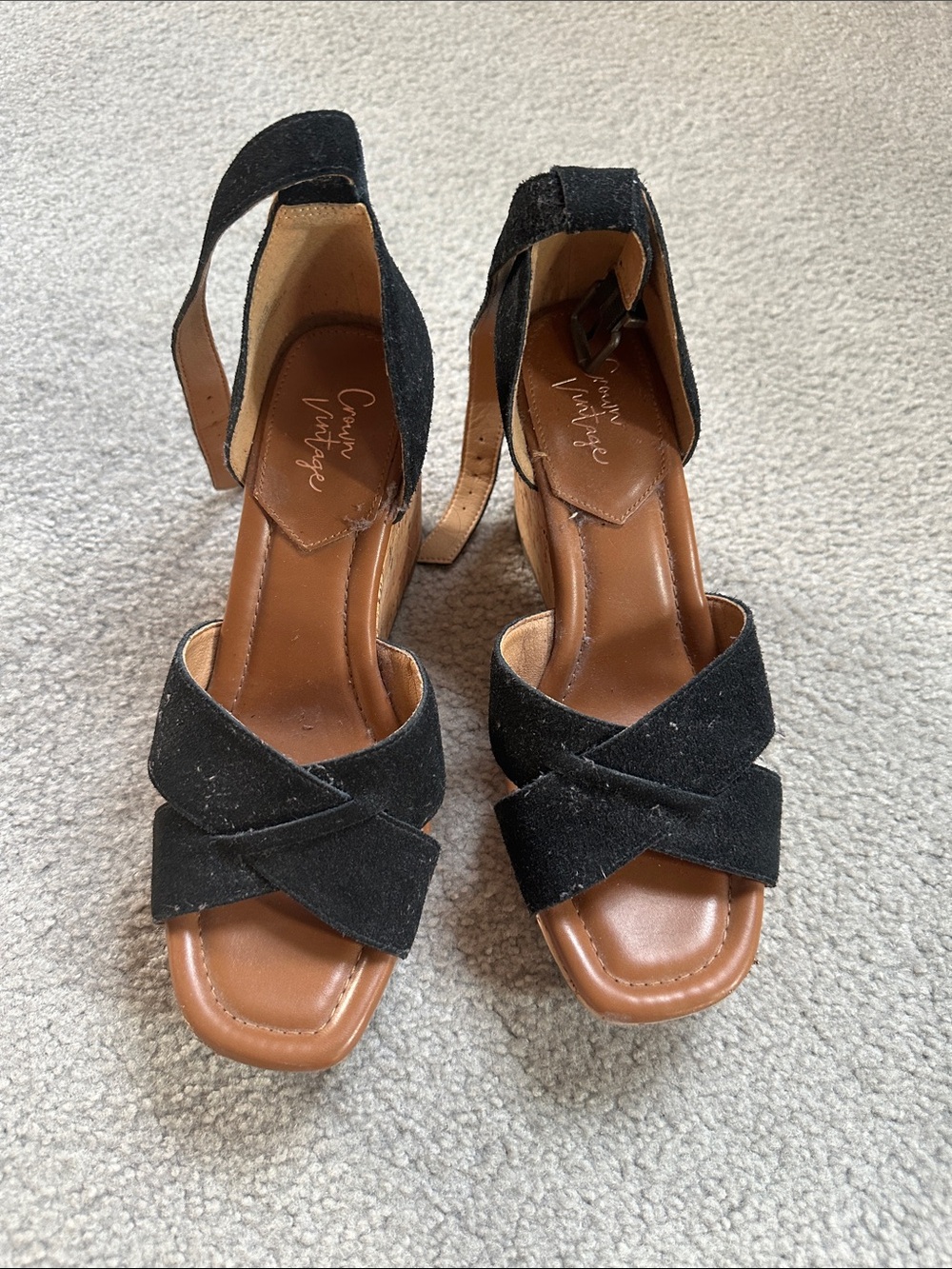 Crown Vintage Black Suede Crisscross Ankle Strap Heels